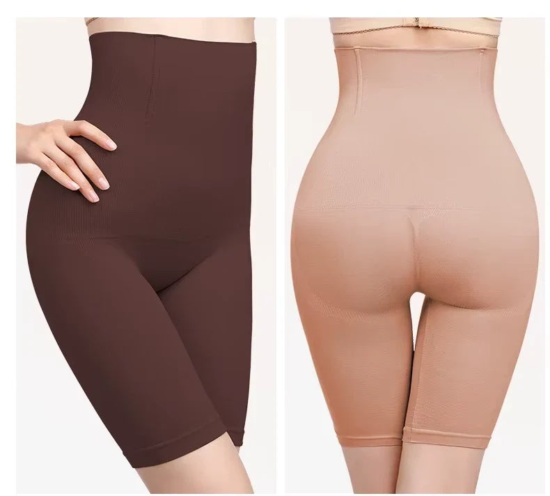 Shorty sculptant taille haute brun et beige, vues de face et de dos
